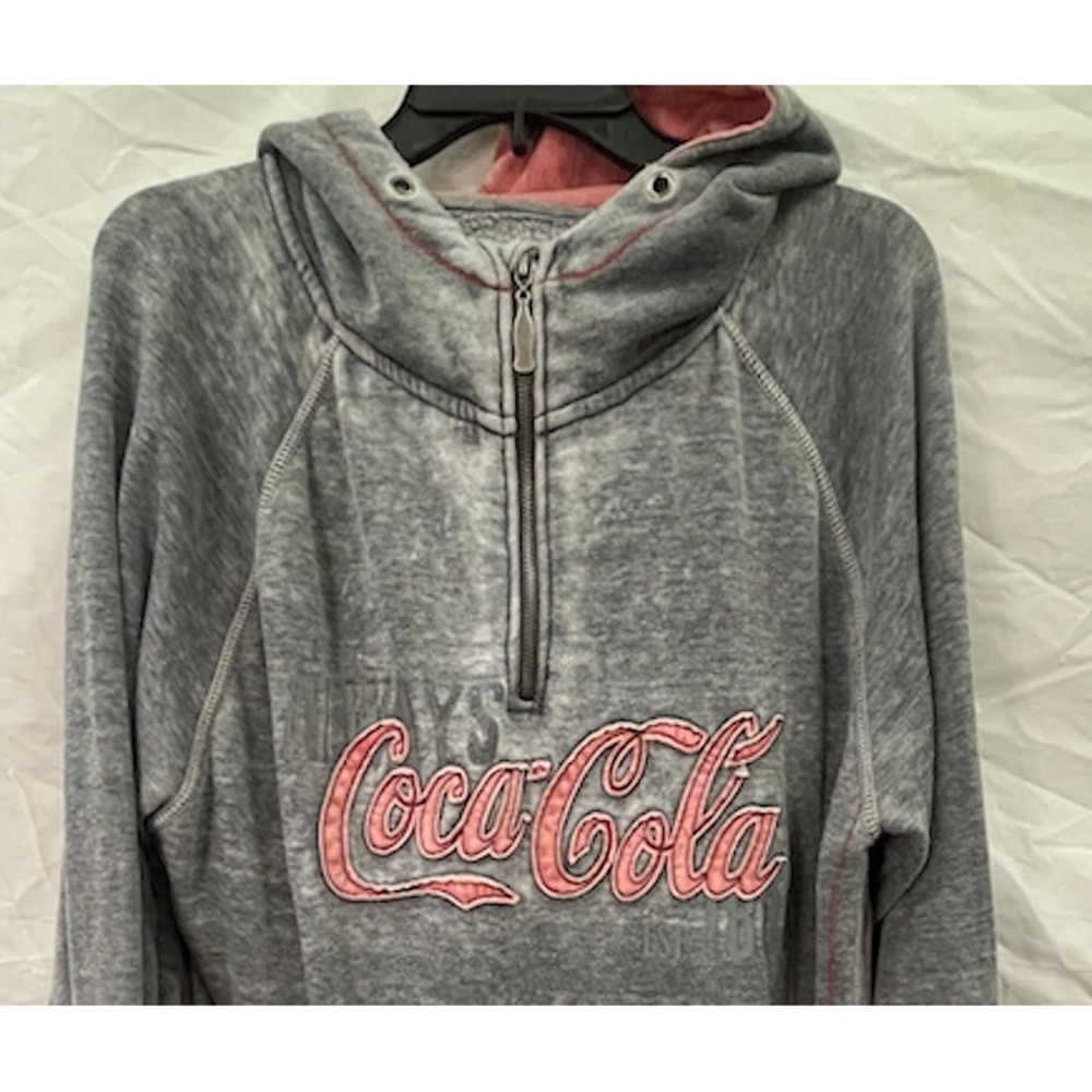 Coca-Cola Womens Large Grey Red Quarter Zip Hoodie Burnout Acid Wash Sweatshirt